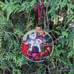 CHRISTMAS  GLASS  ORNAMENT,  Bears on a Sleigh, Unique, Vintage, Festive
